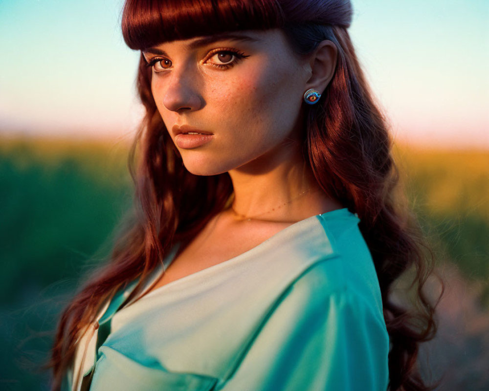 Woman with Bangs in Teal Blouse Gazing at Camera in Golden Field at Sunset