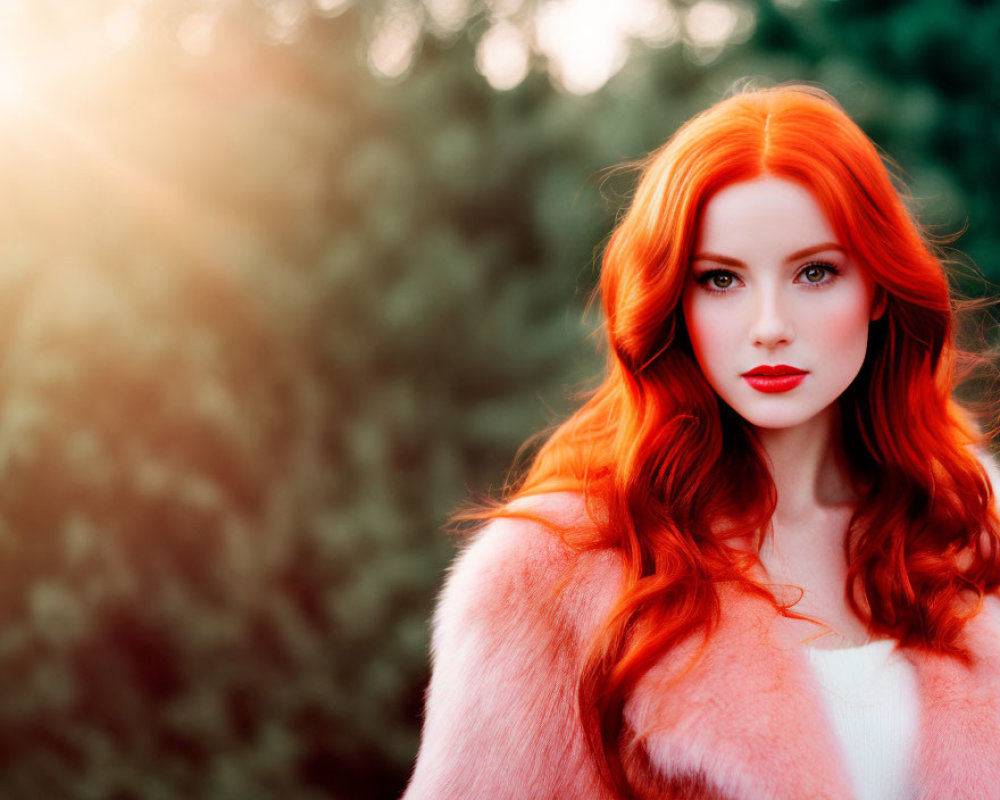 Red-Haired Woman in Pink Fur Coat Under Warm Sunlight