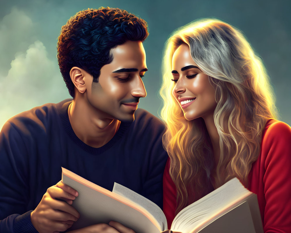 Digital illustration: Couple sharing a book moment, man reading, woman smiling fondly