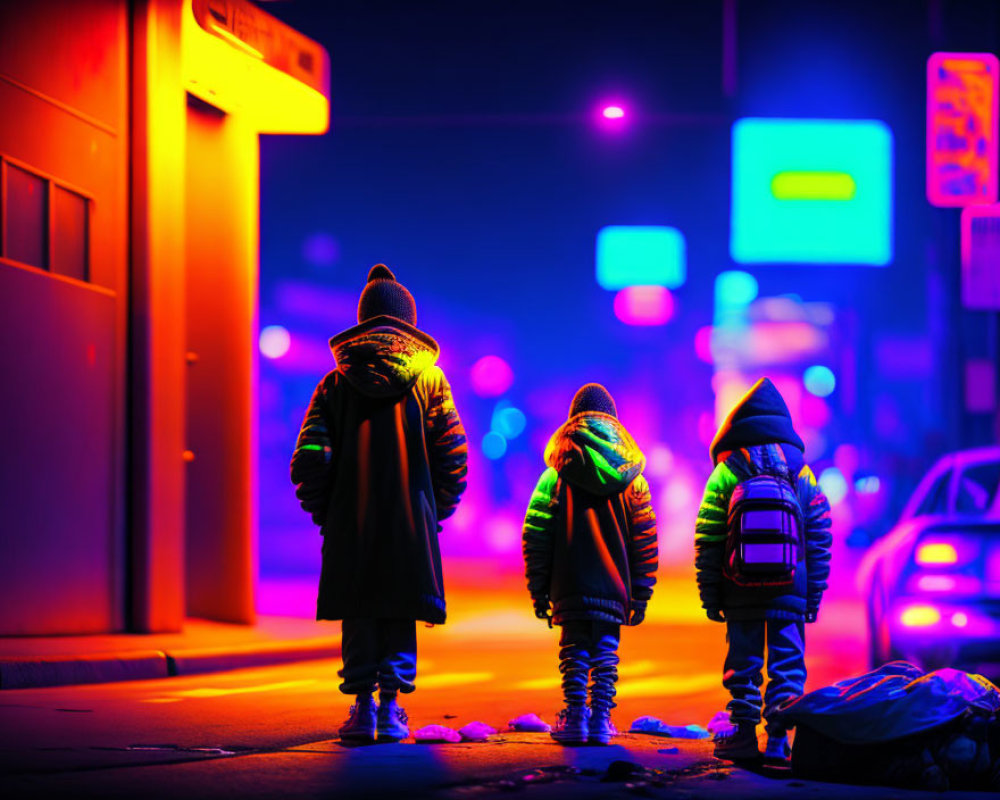 Three Children Walking on City Street at Night with Neon Lights