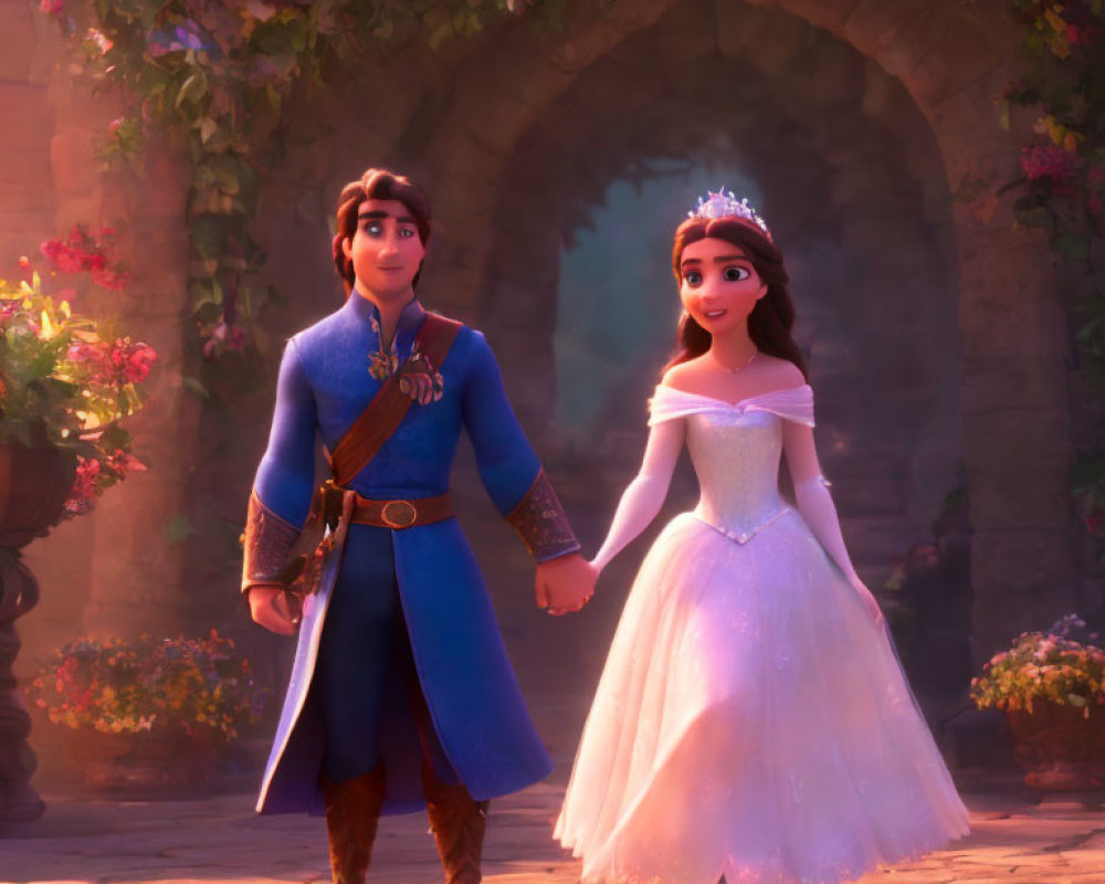 Prince and princess holding hands in castle archway with sunlight.