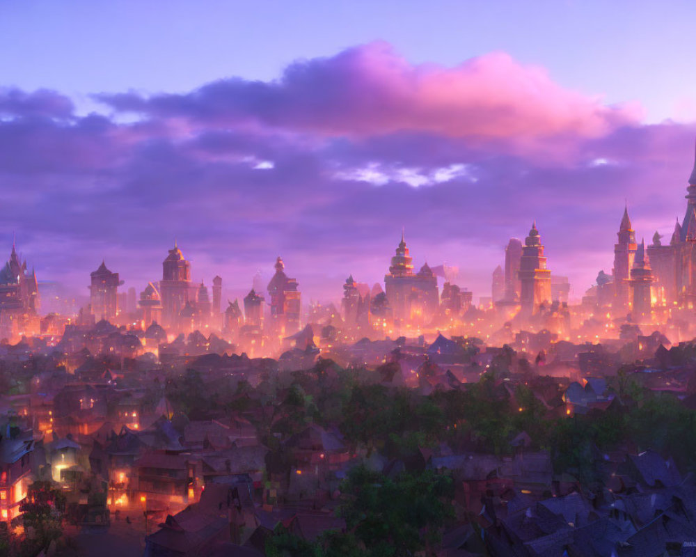 Twilight cityscape with ambient lights and vibrant purple sky