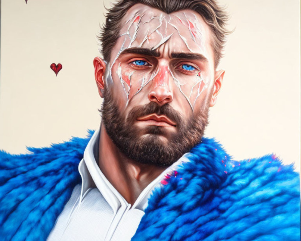 Illustrated portrait of man with blue fur collar and cracked glowing skin, two red hearts floating above