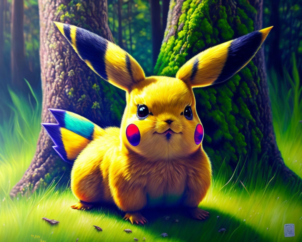 Colorful Pikachu in lush forest with sunlight streaks