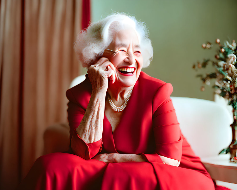 Elderly lady in red dress with white hair and pearl necklace laughing happily