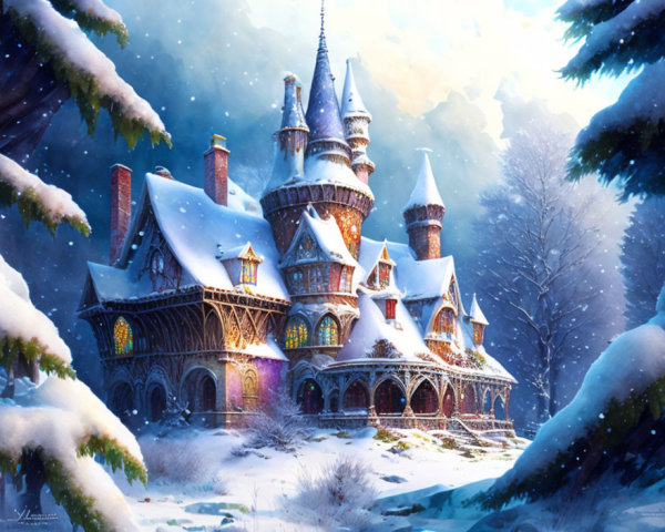 Snow-Covered Mansion in a Winter Wonderland Setting