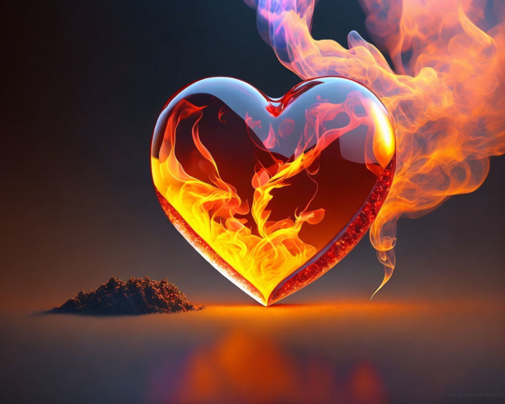 Translucent Heart with Flames: Digital Artwork on Dark Background
