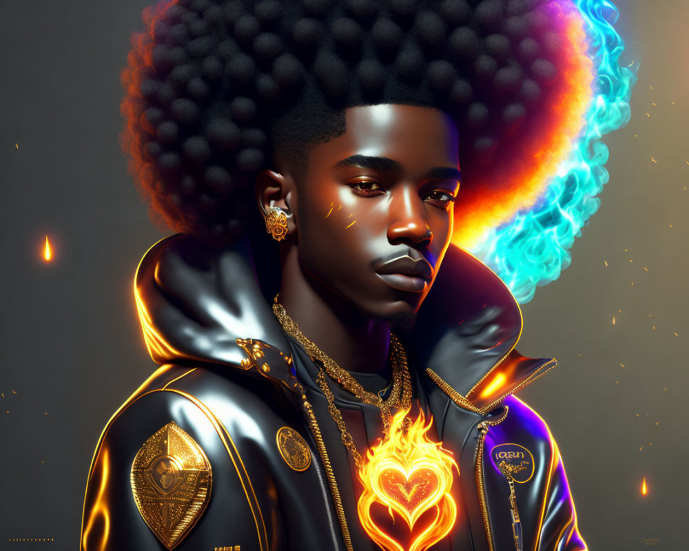 Digital Artwork: Person with Glowing Elements, Afro Hair, Gold Jewelry, Black & Gold Jacket