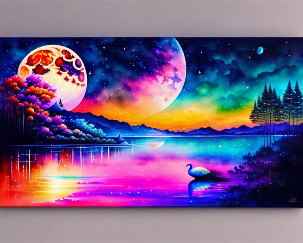 Colorful peacock artwork by reflective lake under starry sky