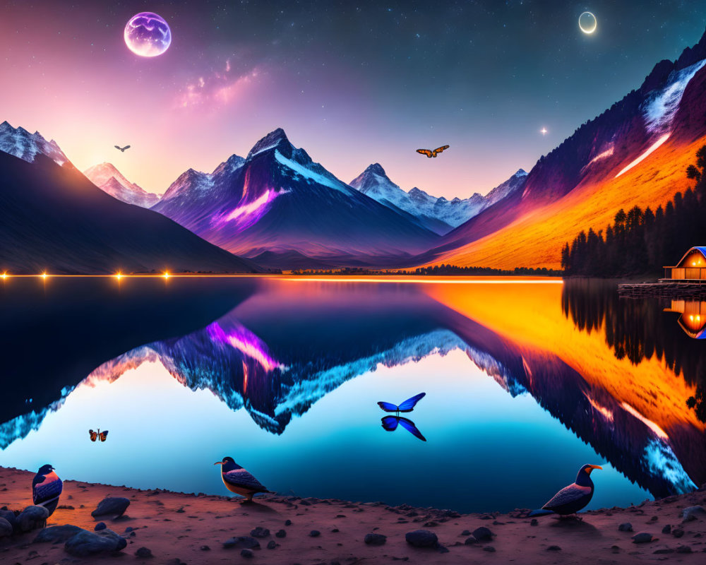 Vibrant night landscape with mountains, lake reflection, house lights, birds, and large moon