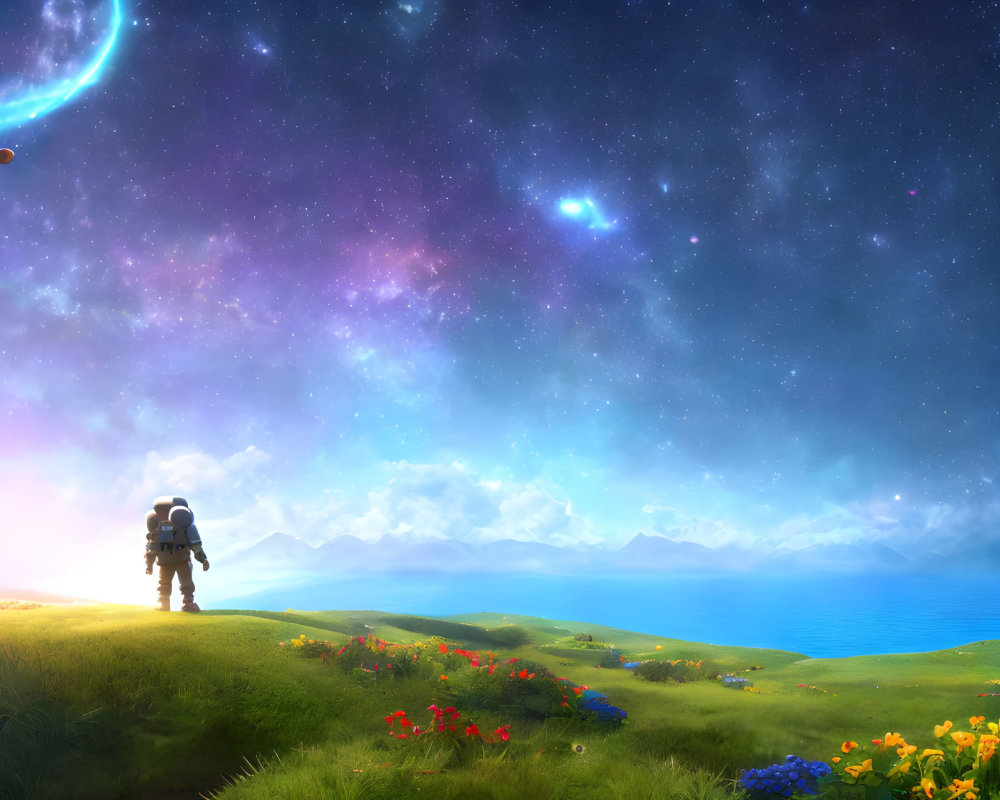 Astronaut on grassy hill gazes at starry sky with nebula, planets, and