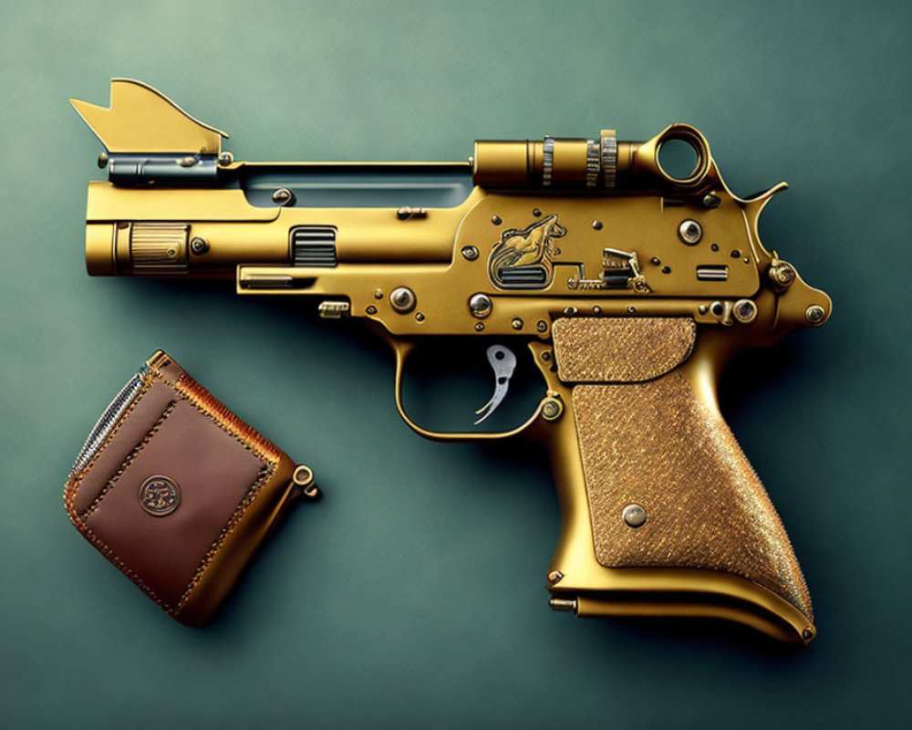 Golden ornate pistol with scope, intricate designs, and leather holster on green background.