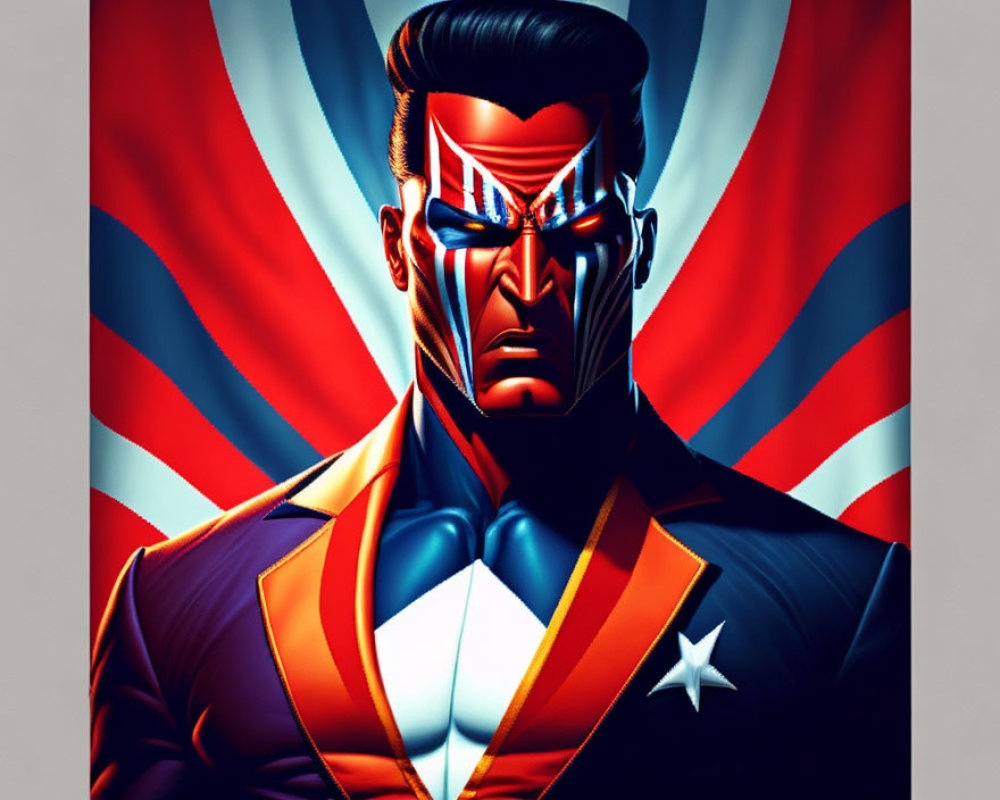 Superhero with star emblem in patriotic costume on red and blue backdrop