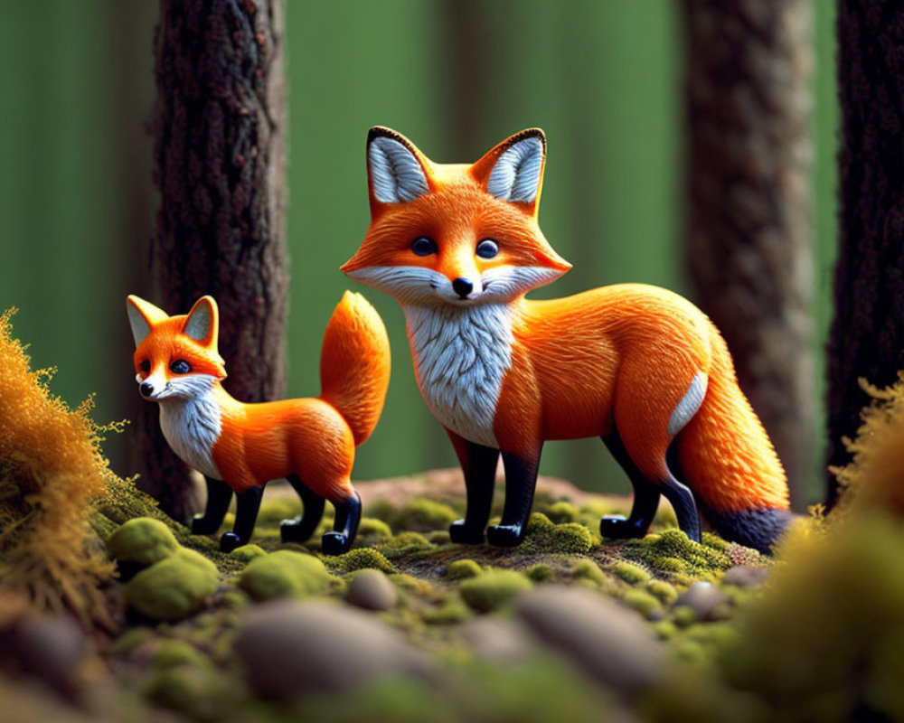 Stylized fox characters in forest setting with moss-covered ground