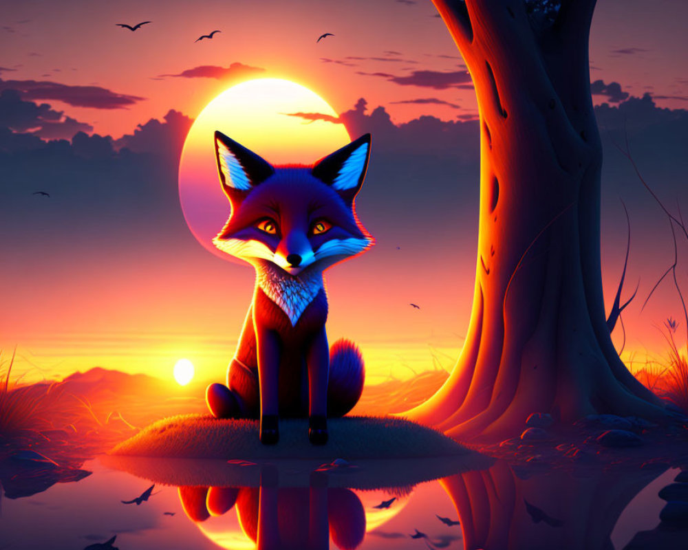 Colorful sunset scene with fox by tree and sun reflecting on water