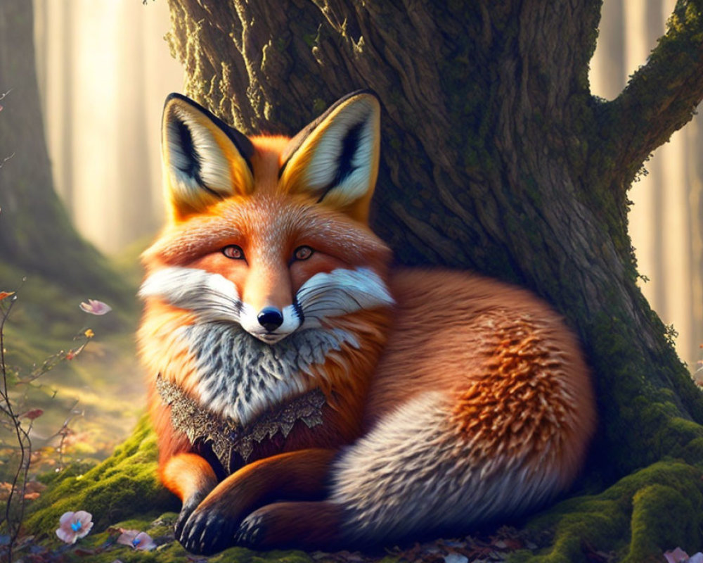 Fox resting by tree in mystical forest with sunbeams and flowers