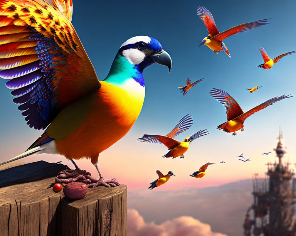 Colorful bird on stump with vibrant sky and distant castle
