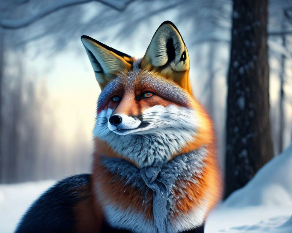 Detailed digital artwork: Red fox in snowy landscape with soft-focused trees and light.