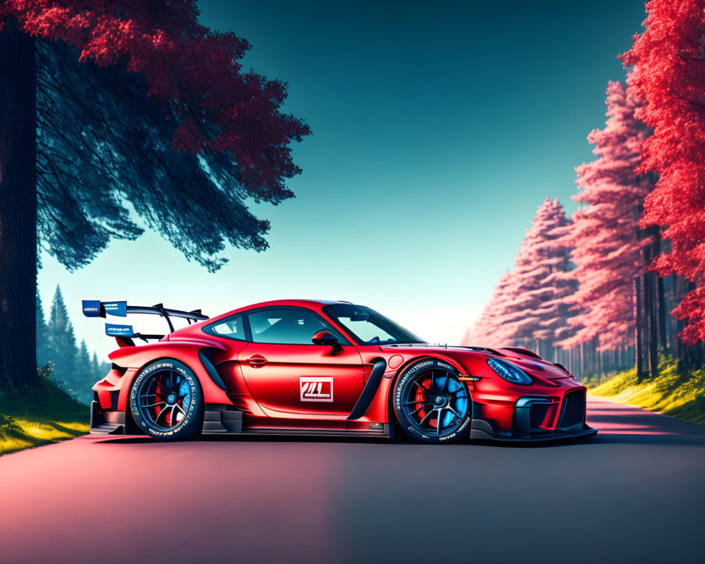 Red sports car with racing decals and rear spoiler parked on road lined with red trees under clear blue sky