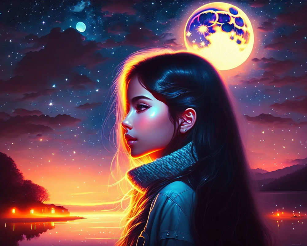 Digital artwork: Woman with glowing hair under moon in vibrant night sky.