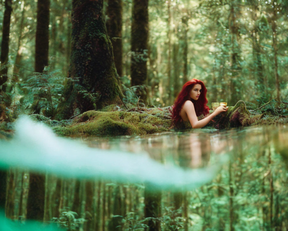 Red-haired woman by serene forest pond among lush greenery and moss-covered trees
