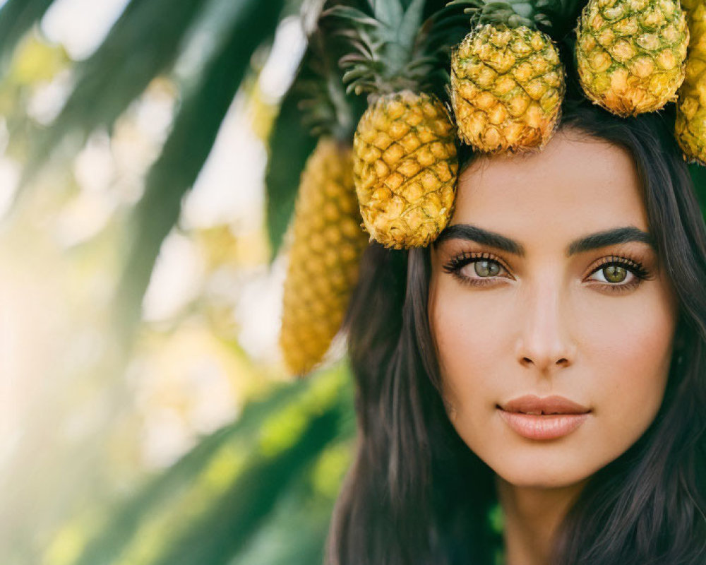 Dark-haired woman with pineapple headpiece on green background