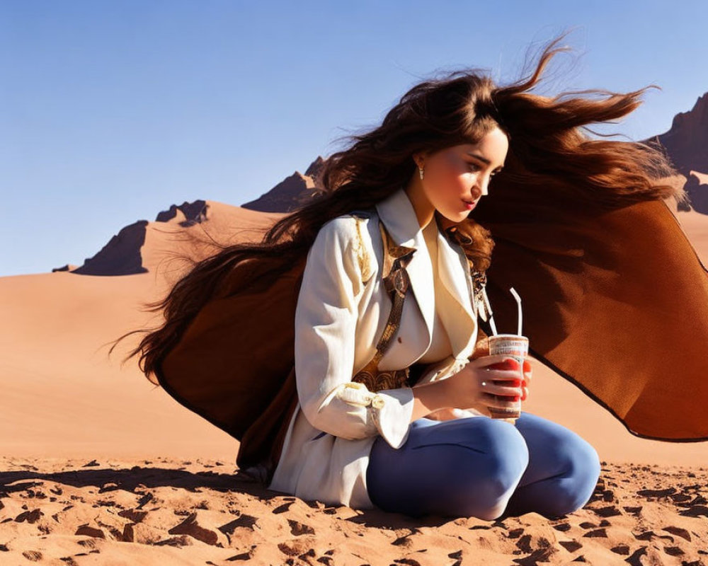 Woman in stylish attire sitting on desert dune with refreshing drink