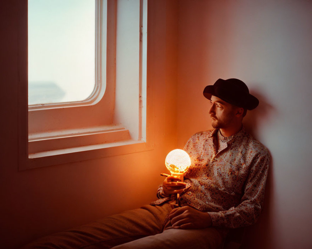 Man in fedora holding lit bulb by window with soft light