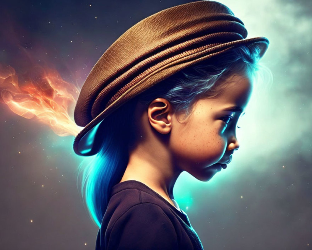 Young girl in profile with brown hat and fiery hair against cosmic background