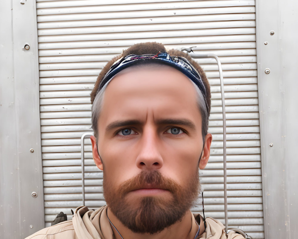 Bearded man in headband and earphones against metal wall