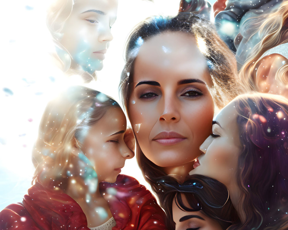 Digital Artwork: Layered Women's Faces with Ethereal Sparkle