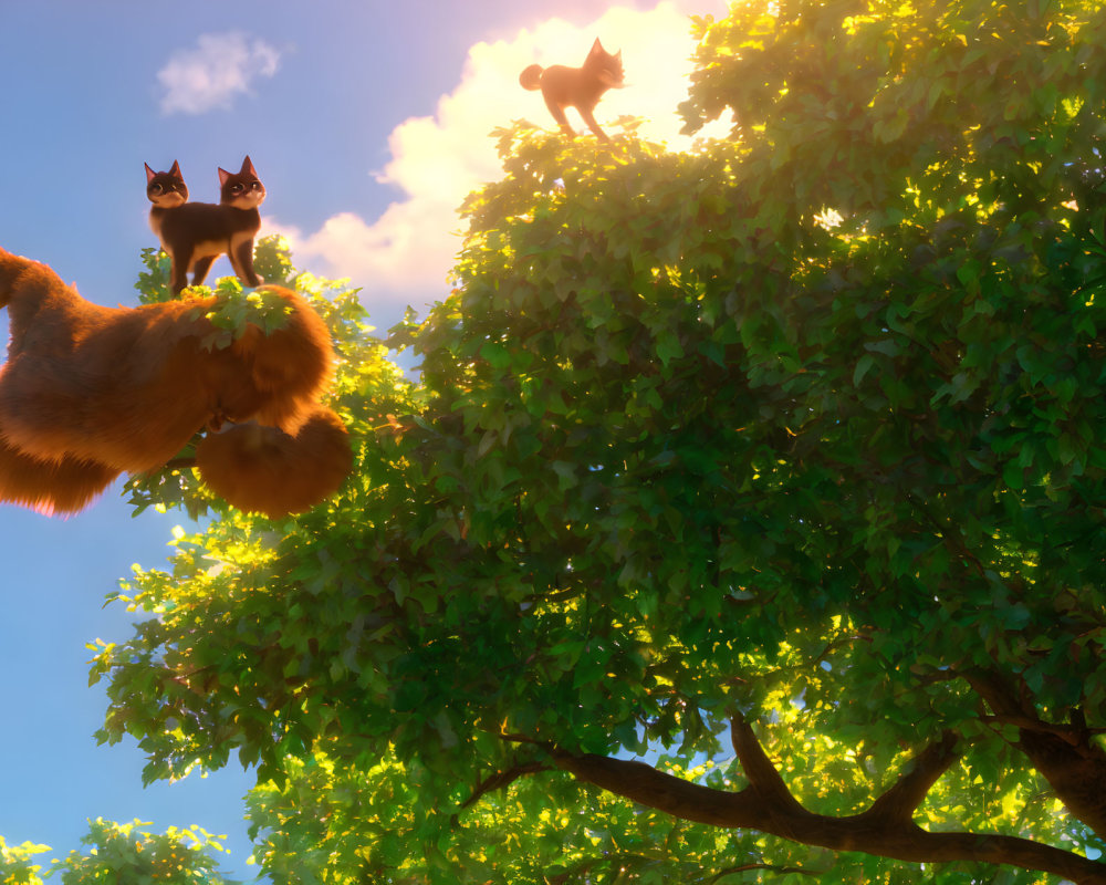 Three animated cats with expressive eyes on a lush tree under a bright sky