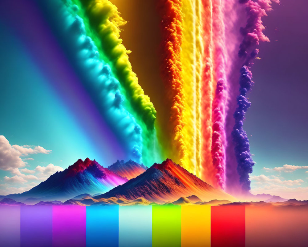 Colorful surreal landscape with rainbow sky and volcanic eruption