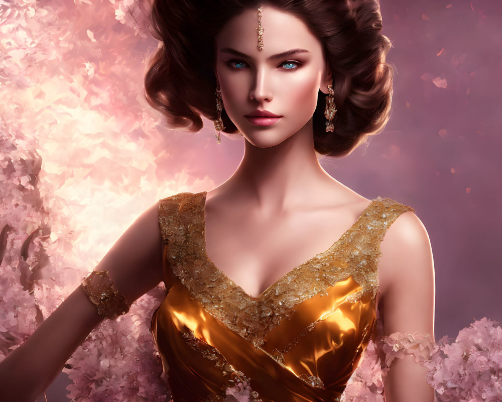 Elegant Woman with Blue Eyes in Golden Dress Among Pink Blossoms