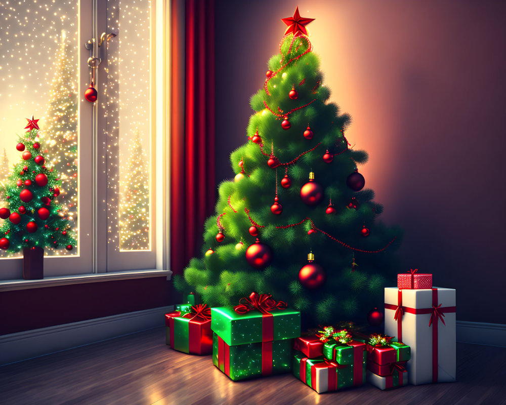 Festive Christmas tree with gifts in cozy room with snowflakes outside