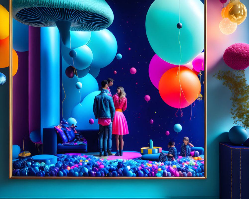 Colorful Surreal Room with Embracing Couple, Giant Mushrooms, and Floating Balloons