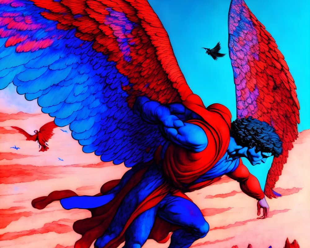Colorful illustration of red and blue winged figure flying in vibrant sky.
