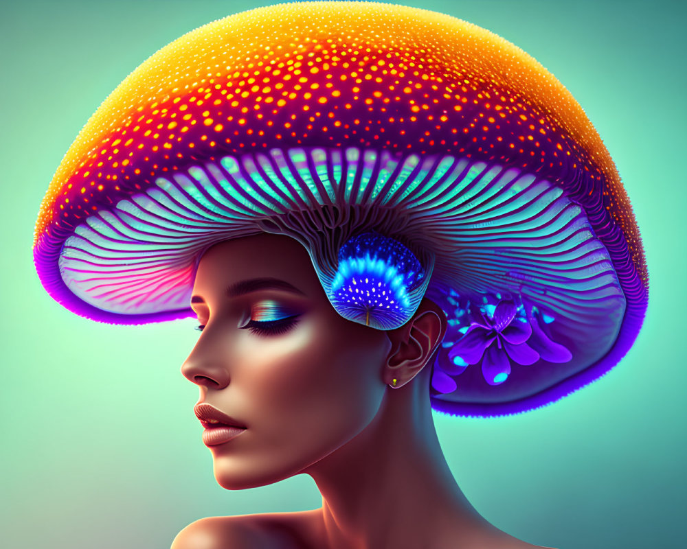 Colorful digital artwork: Woman with mushroom cap profile surrounded by luminous flora