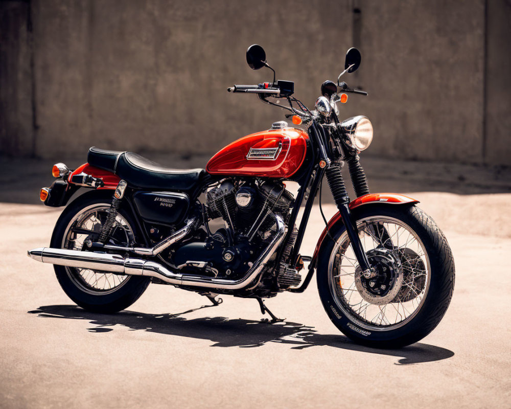 Vintage Motorcycle with Red Tank, Chrome Accents, and Black Seat parked on Concrete Surface