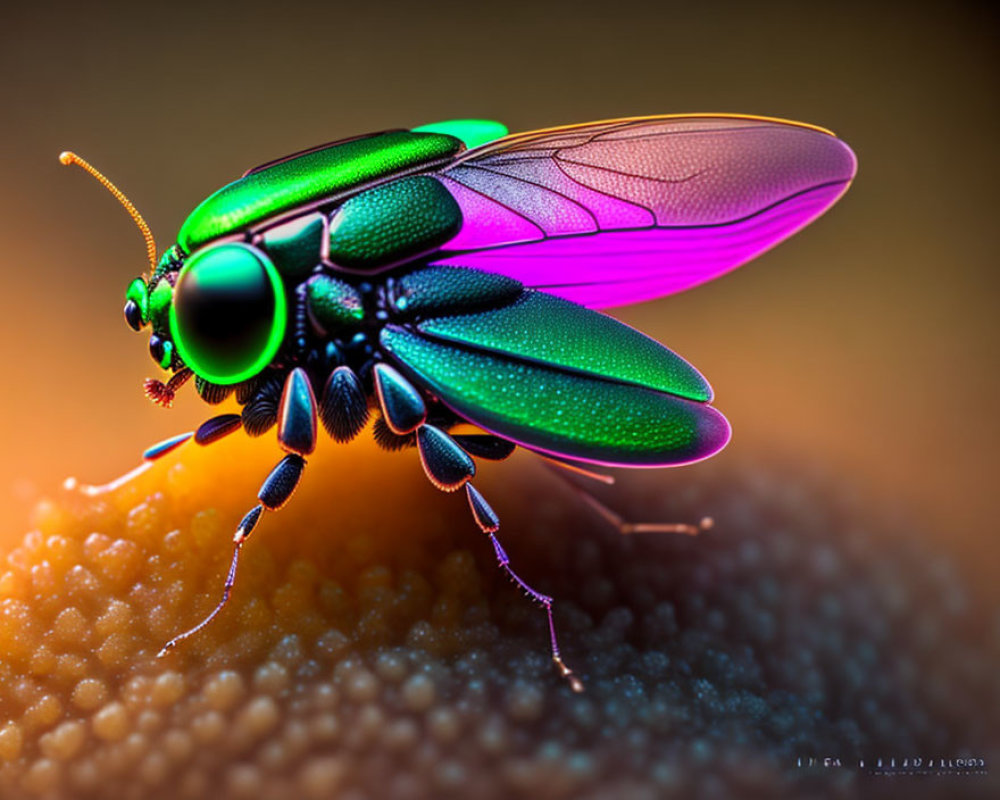 Detailed illustration of metallic green and purple fly on textured surface