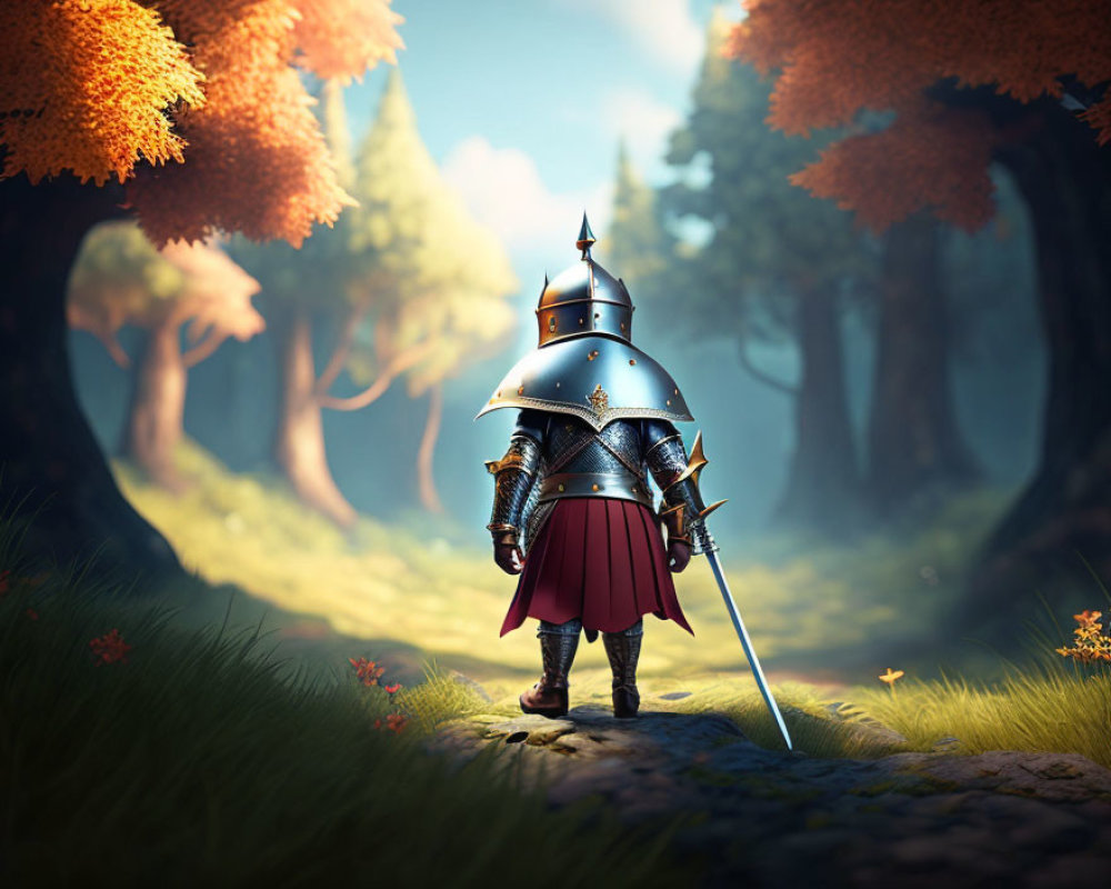Knight in Armor with Sword in Enchanted Forest Under Sunlight