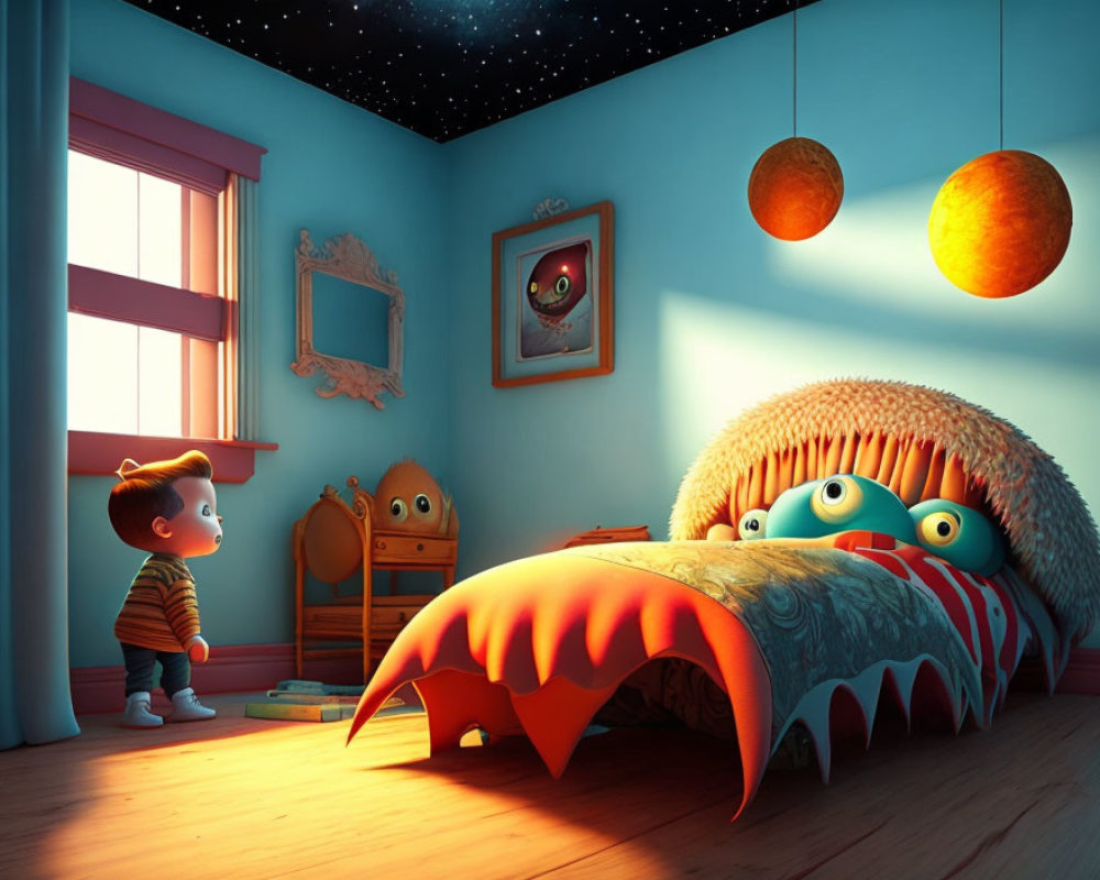 Child in room at night gazes at whimsical monster under bed with starry sky backdrop.