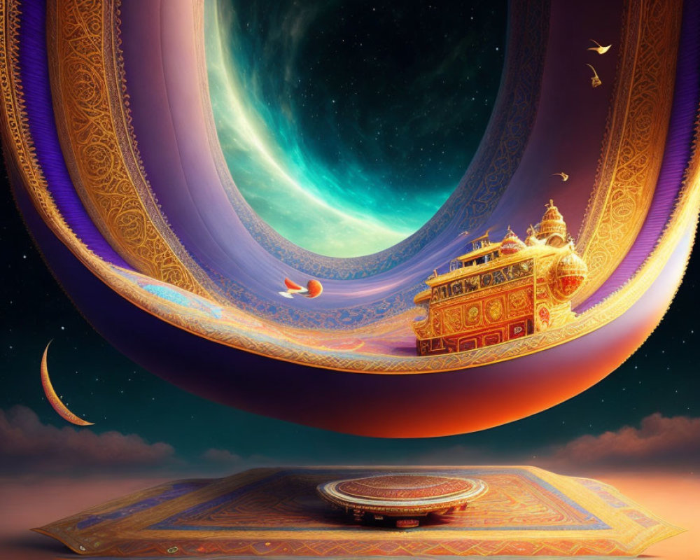 Surreal artwork: ornate ship, magic carpet, crescent moon, cosmic sky