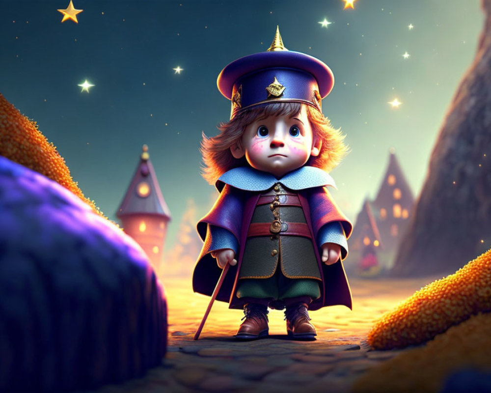 Animated character in ceremonial uniform under starry sky with whimsical backdrop.