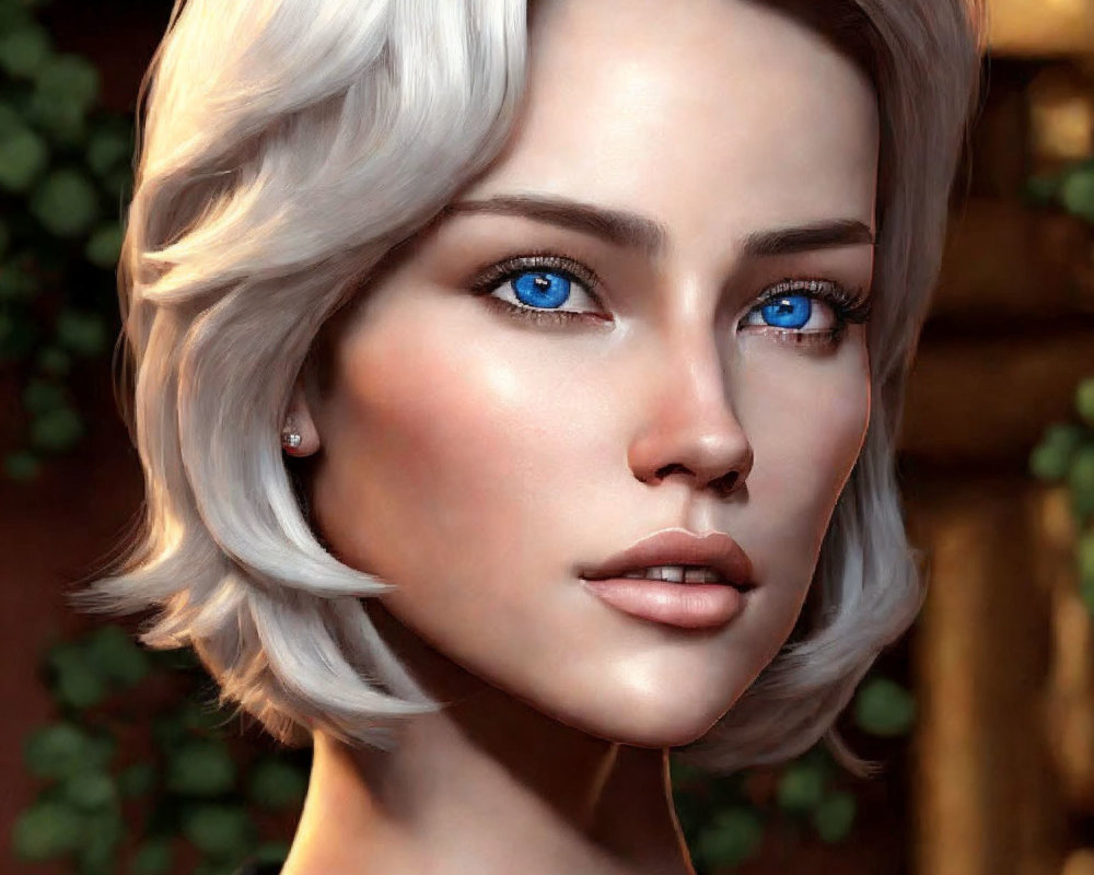 Stylized 3D-rendered female character with silver hair and blue eyes