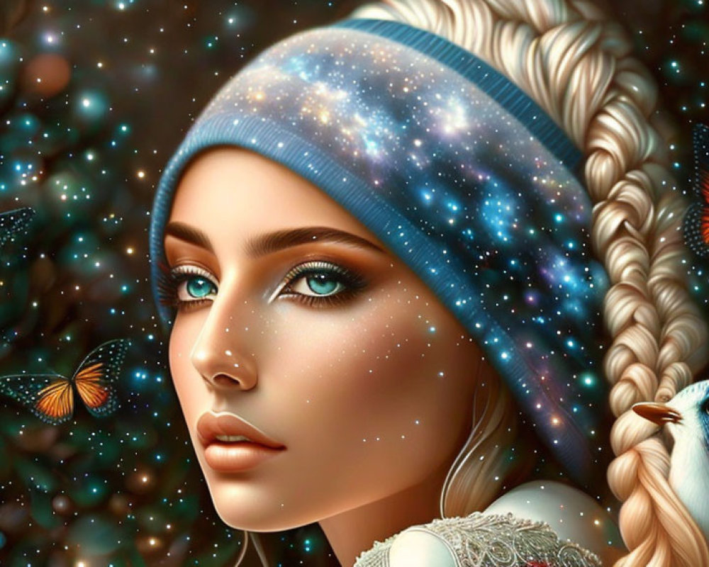 Digital artwork: Woman with cosmic hair and butterflies, holding a bird in starry setting
