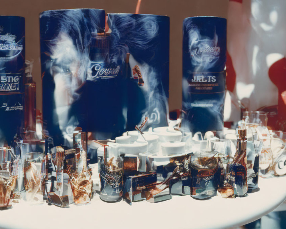 Branded Perfume Bottles and Candles on Round Table with American Flag