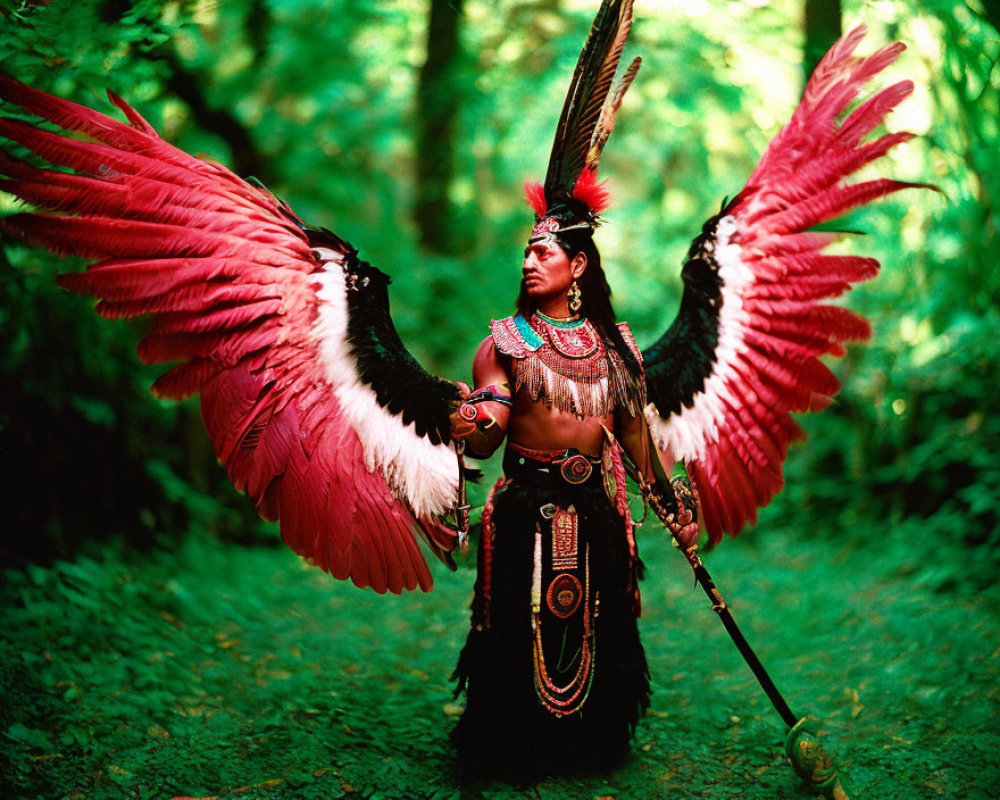 Elaborate Indigenous Attire Figure in Green Forest