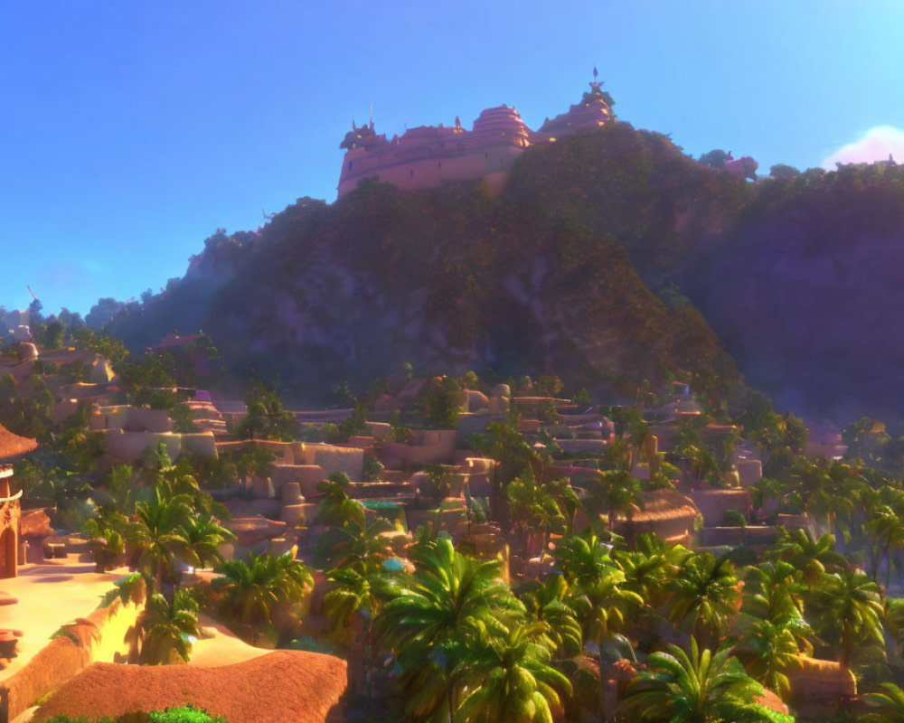 Serene tropical village with palm trees and hilltop castle illustration