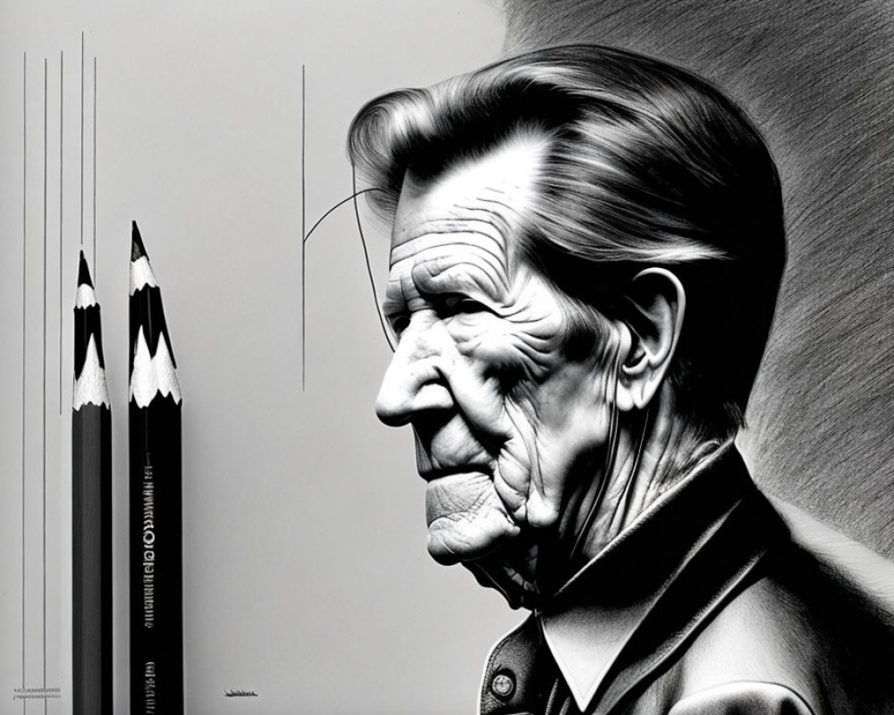 Monochromatic illustration of elderly man with oversized pencils